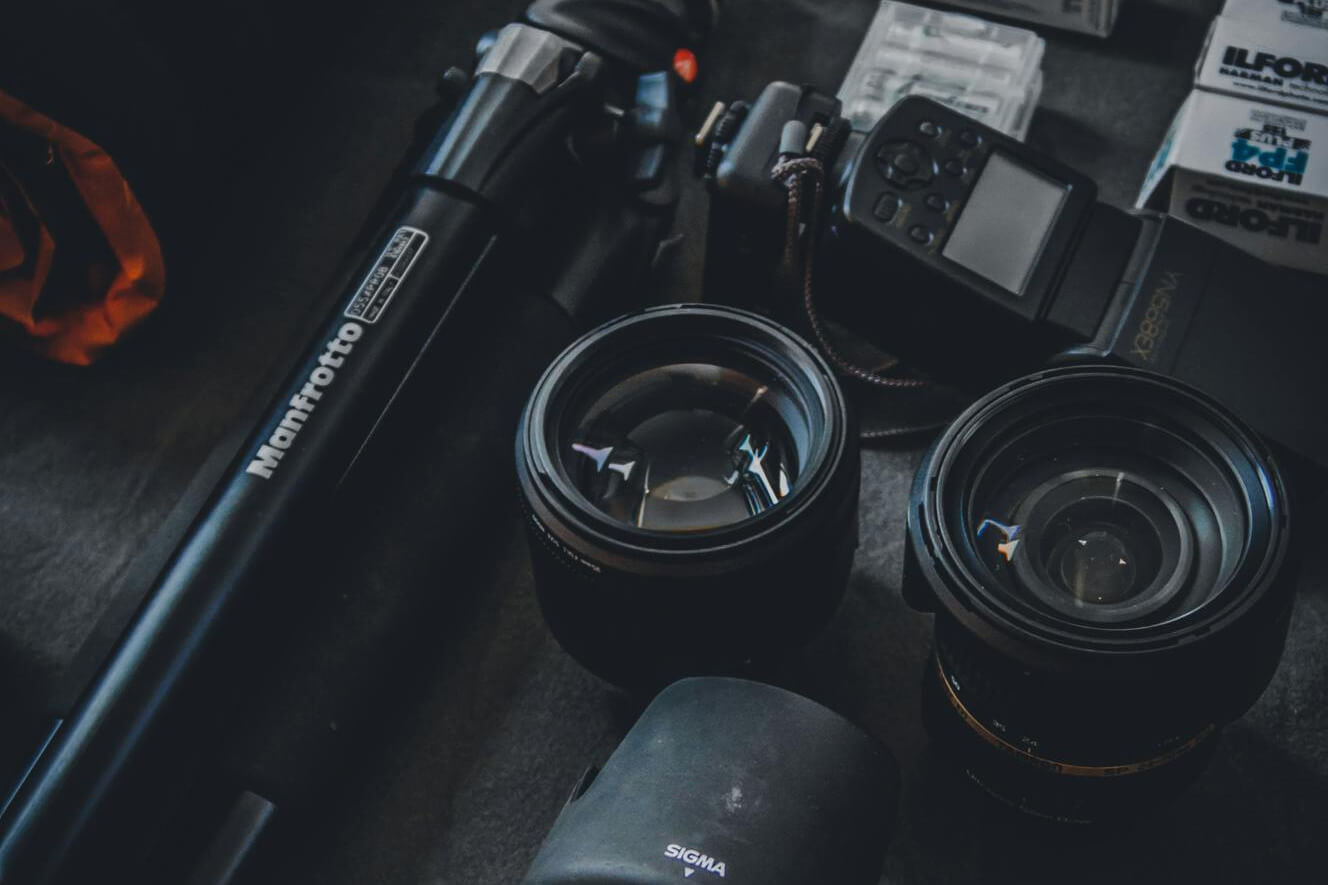 various camera parts on a table