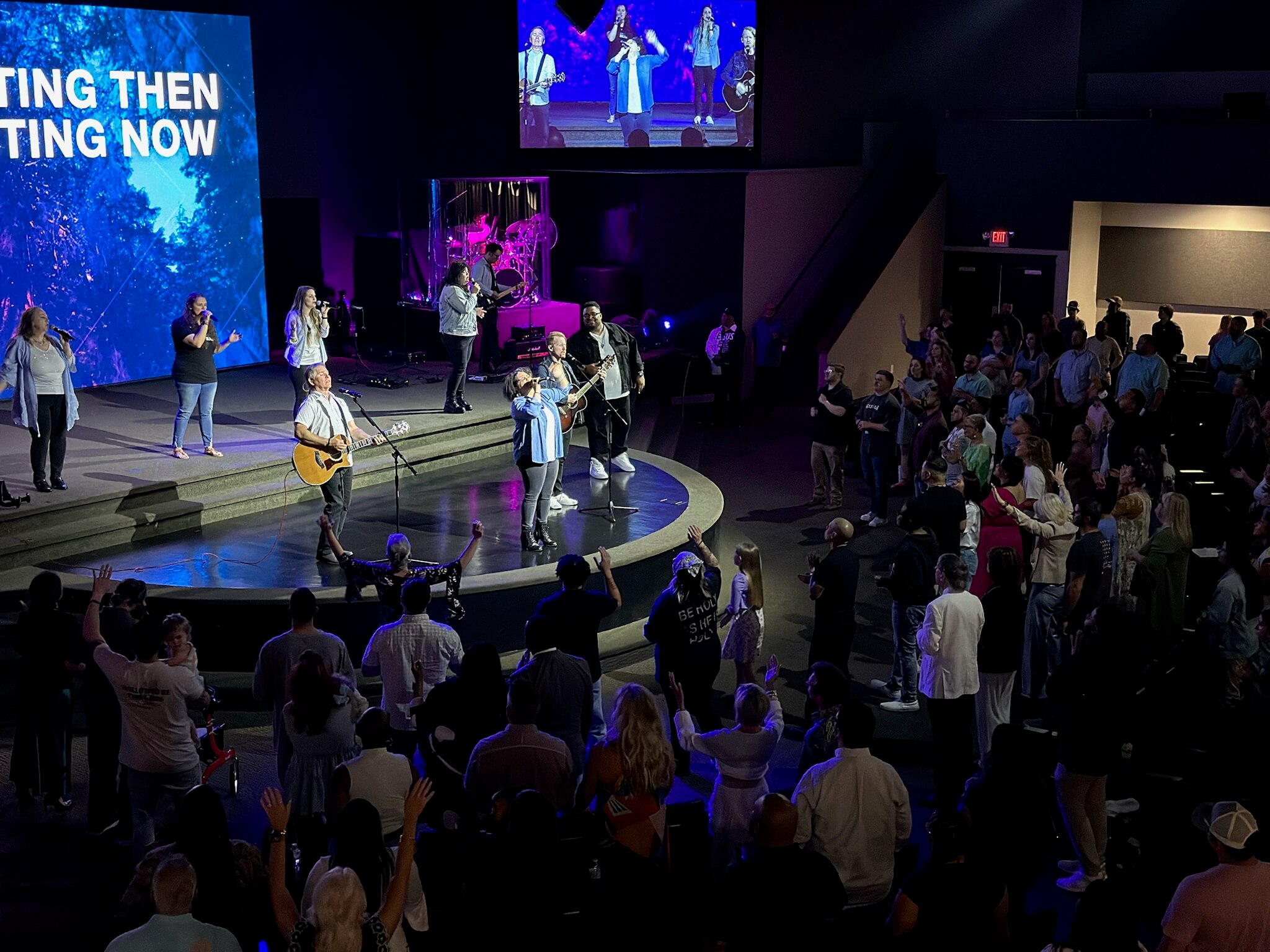 overhead shot of worship band and crowd